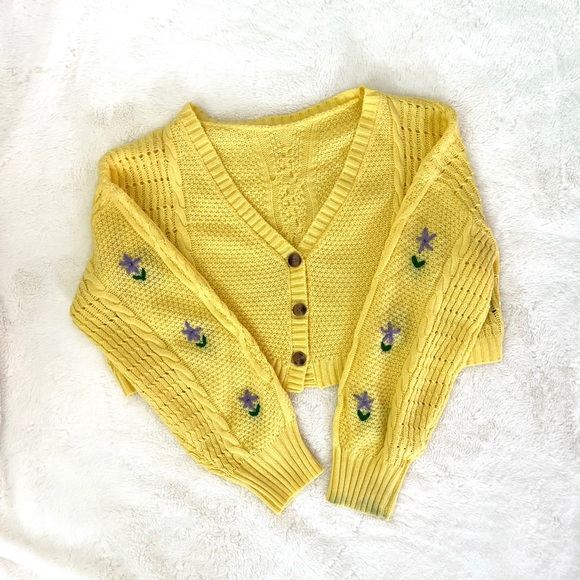Yellow Cropped Sweater | Purple Floral Embroidery - Picture 1 of 4